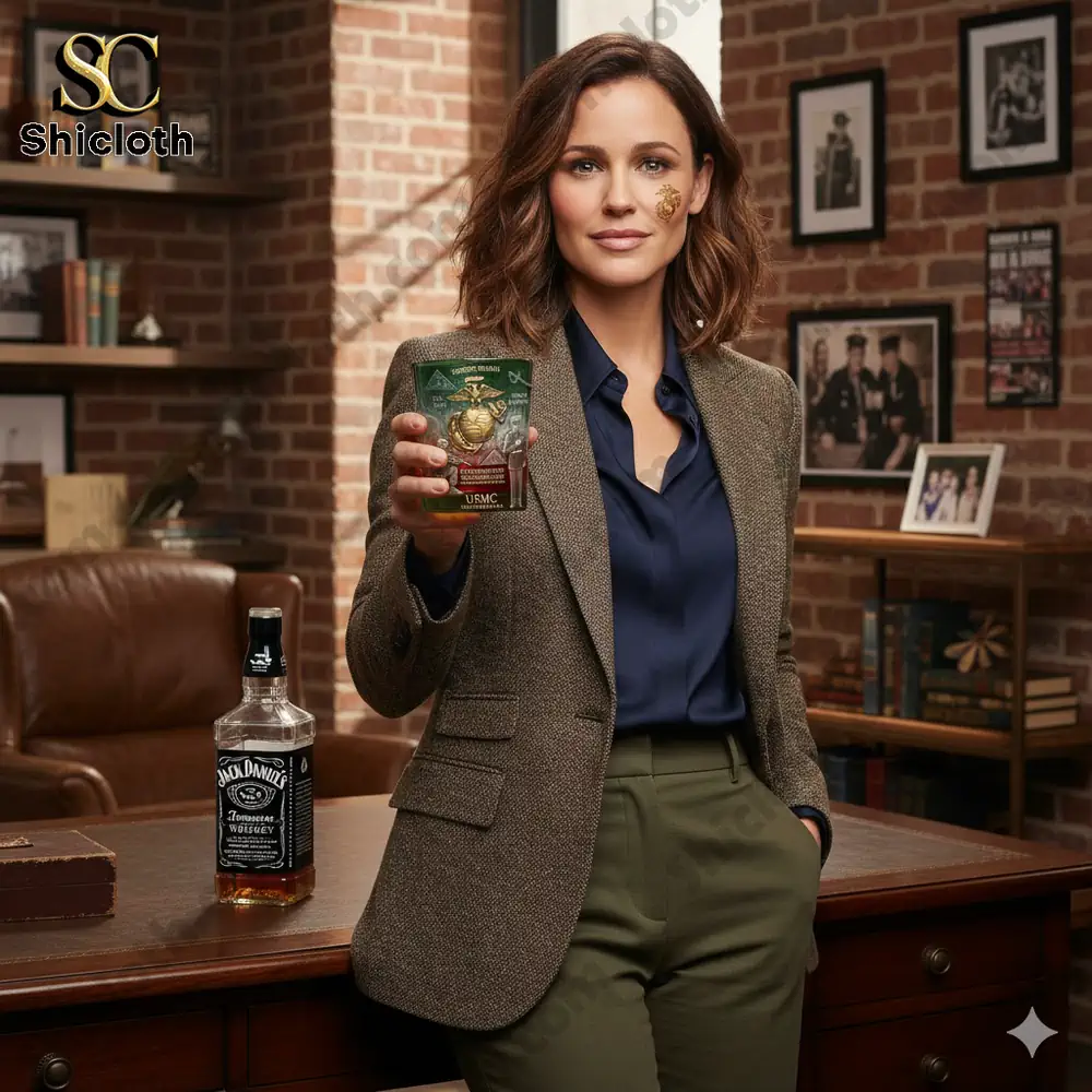 Woman presenting US Marine Corps legacy glass by Shicloth!