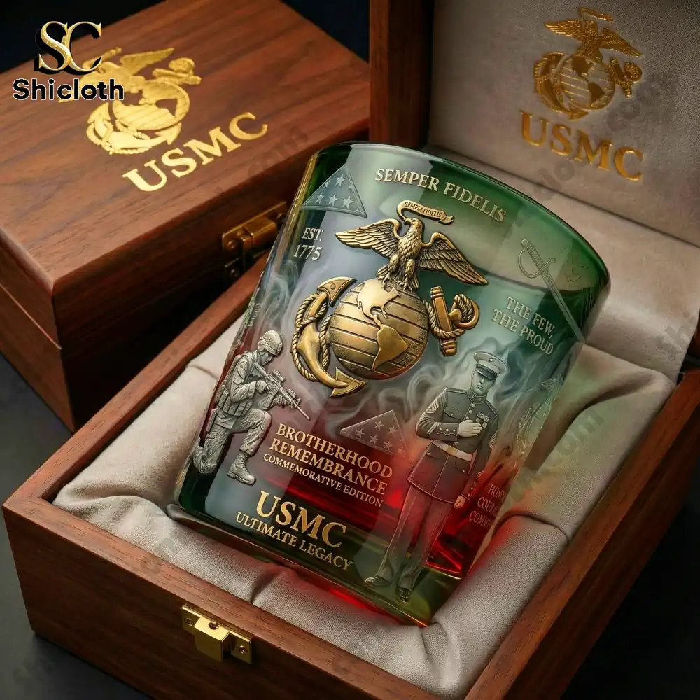 US Marine Corps commemorative glass in wooden box by Shicloth!