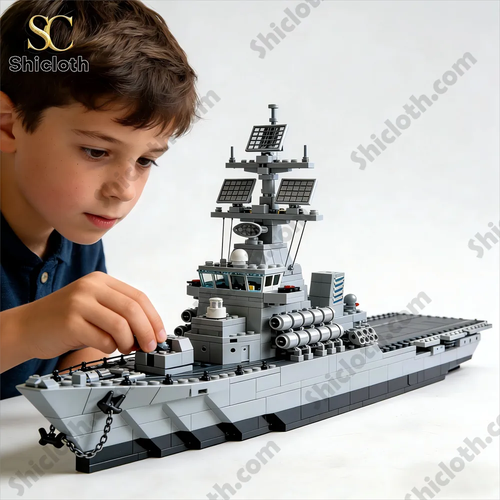 A child carefully assembling a gray brick warship model on a white table!