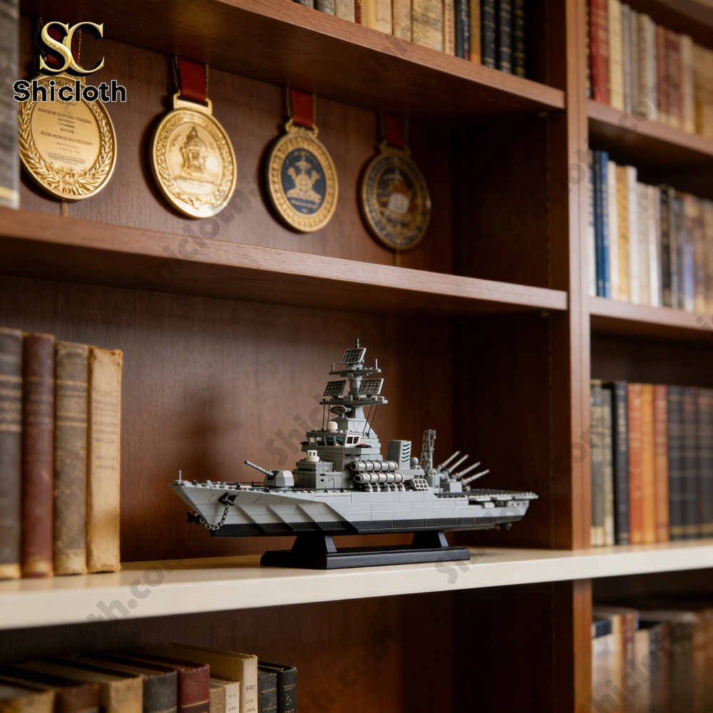 A gray brick warship model displayed on a bookshelf with books and medals!