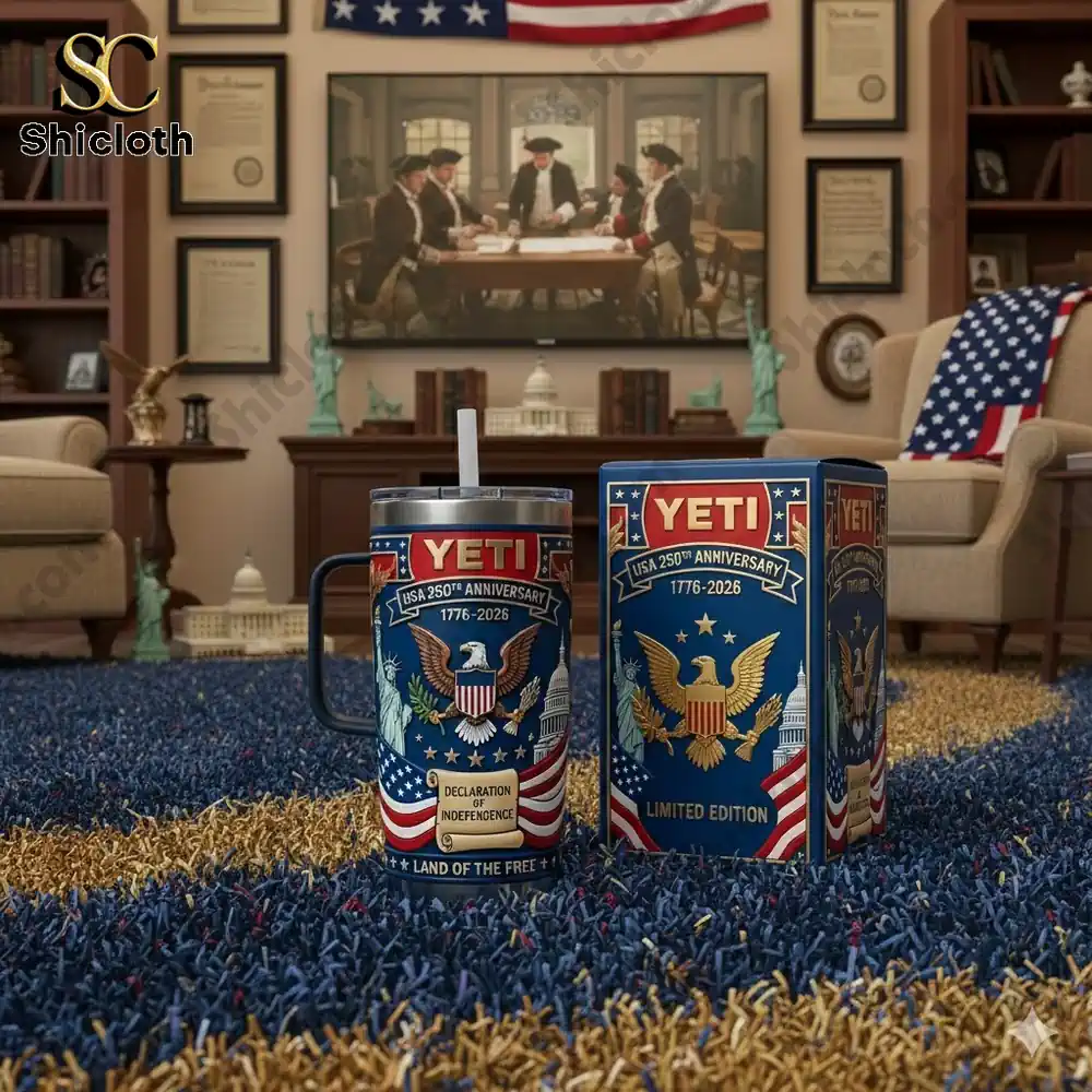 Yeti patriotic tumbler and box displayed in a classic living room!