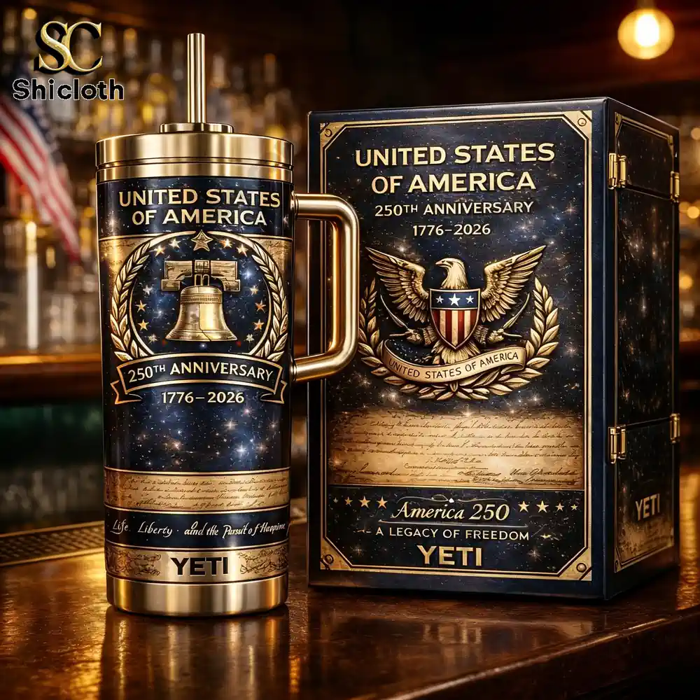 Patriotic YETI tumbler with American emblem and matching gift box!