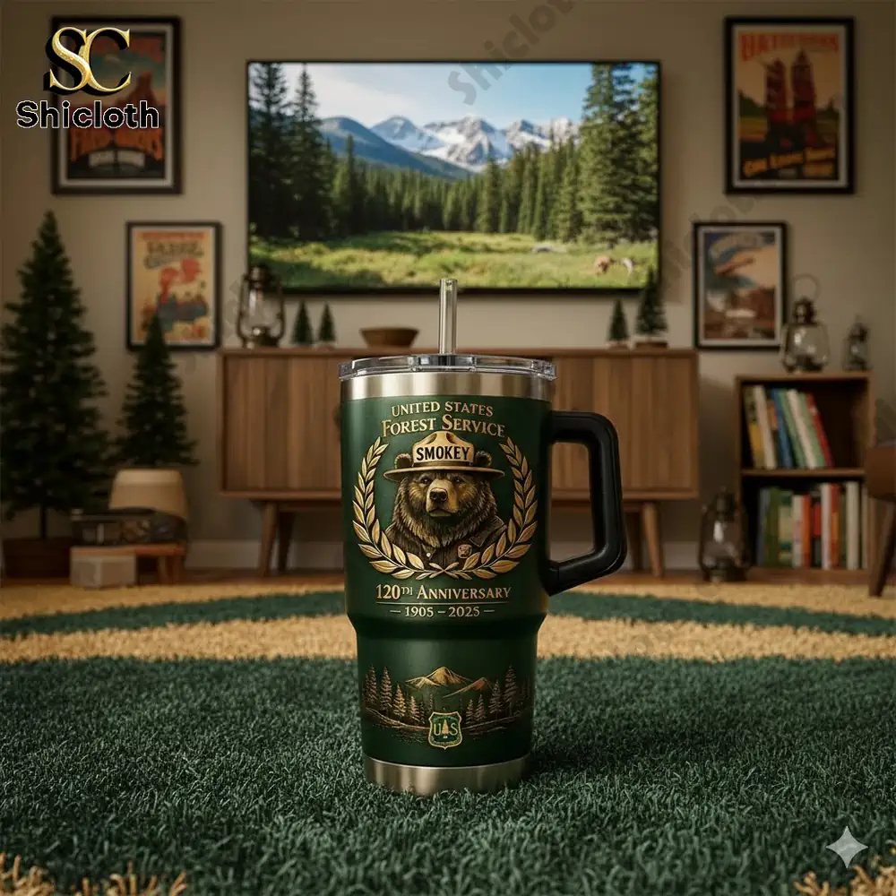 Green forest service themed insulated tumbler with bear emblem displayed indoors!