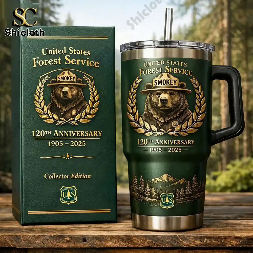 Forest service bear insulated tumbler with collector box on wooden table outdoors!