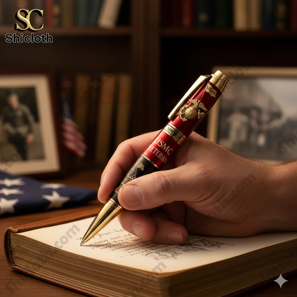Hand writing with a red USMC veteran commemorative pen on a notebook!