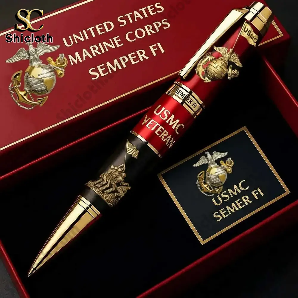 Red USMC veteran commemorative pen displayed in a gift box!