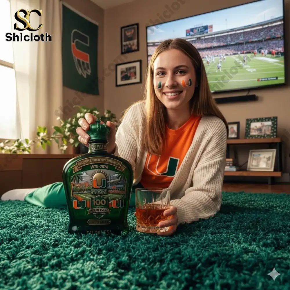 University Of Miami 100th Anniversary Go Canes Whiskey Glass Bottle 1 University of Miami fan holding anniversary whiskey bottle at home!