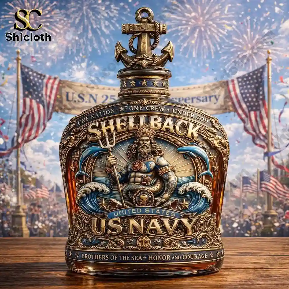 United States Navy shellback whiskey bottle displayed with flags and fireworks!