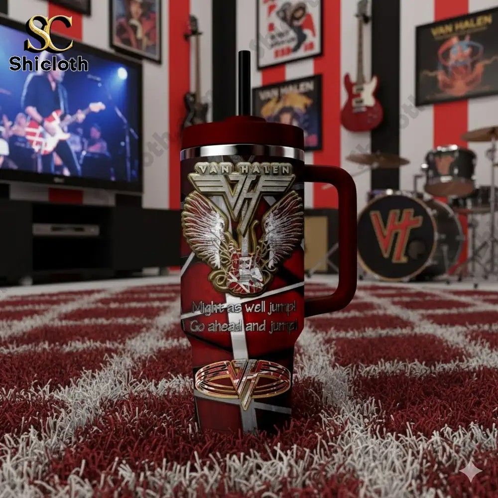 Van Halen insulated tumbler displayed in a rock music room setting!