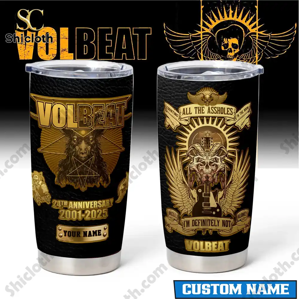Volbeat black gold stainless tumbler with skull guitar artwork.