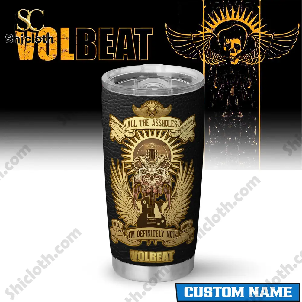 Volbeat skull guitar winged design tumbler back view.
