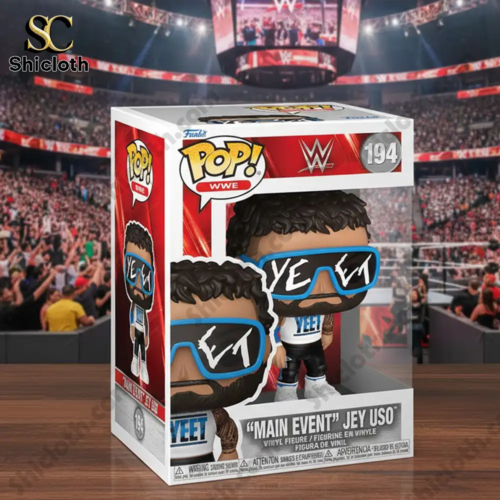 Boxed Jey Uso Yeet vinyl figure displayed in front of a WWE ring!