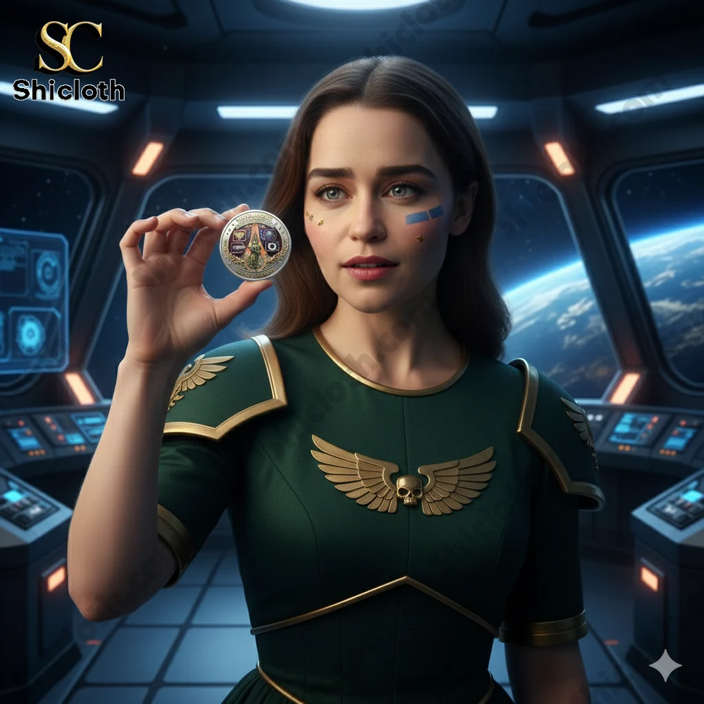 Dragon Ball 40th Anniversary Commemorative Limited Coin 22 Female space commander holding a Warhammer anniversary coin inside a futuristic spaceship cockpit!
