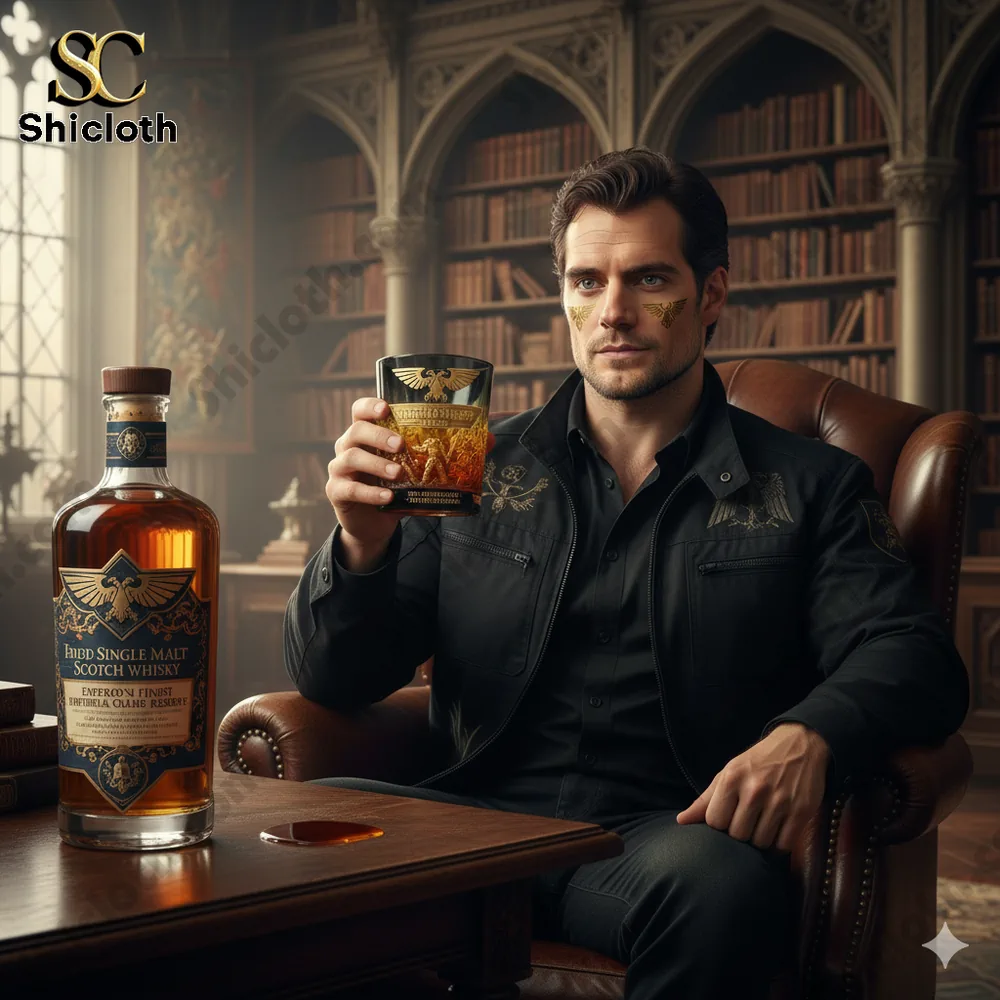 Man holding a Warhammer Forty Thousand themed whisky glass in a classic library setting!