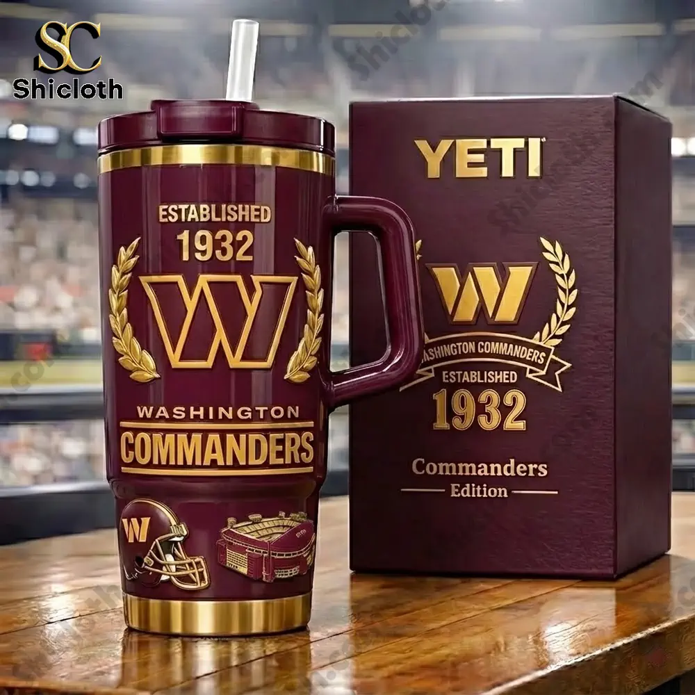 Yeti Washington Commanders mug with box on table!