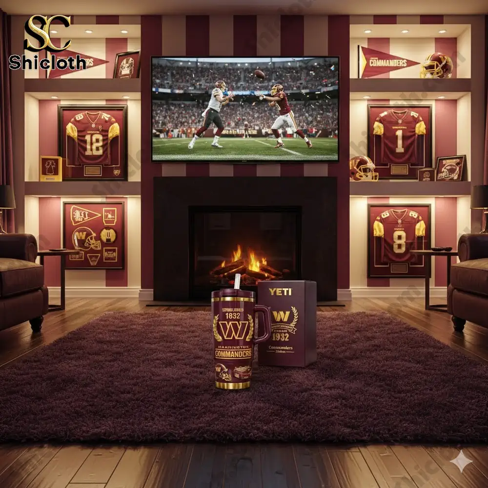 Yeti Washington Commanders mug in themed living room display!