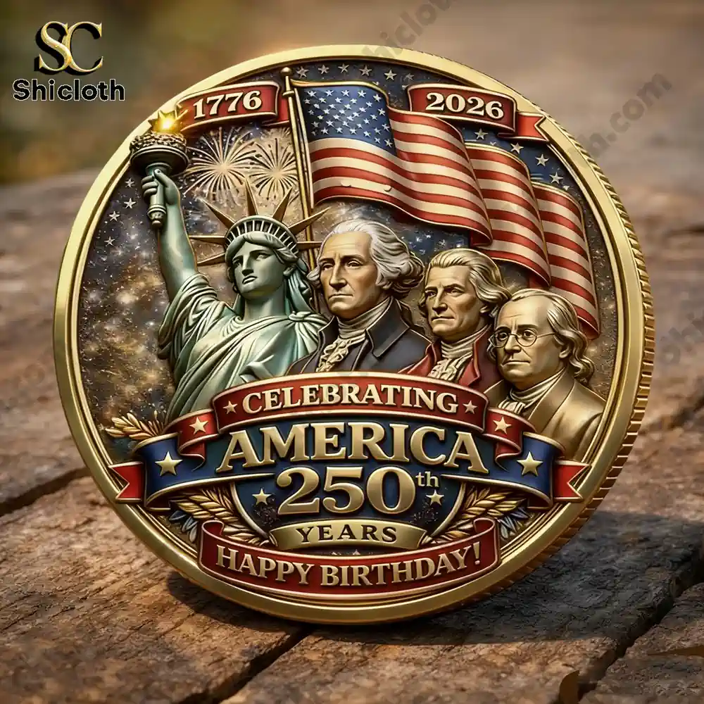 Front view of America 250 years commemorative coin with Statue of Liberty and founders!