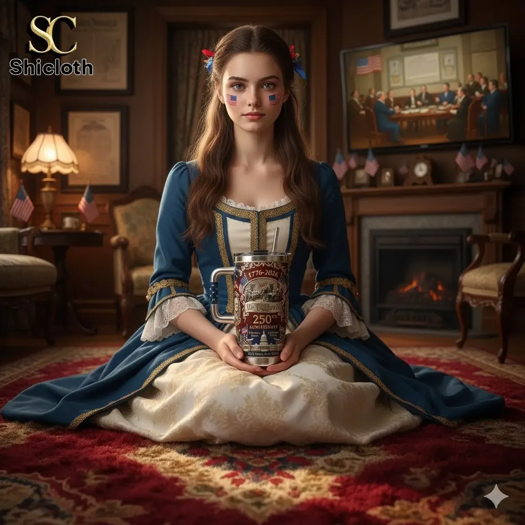 System Of A Down 2026 40oz Tumbler 46 Woman in classic American dress holding a Shicloth commemorative tumbler indoors!