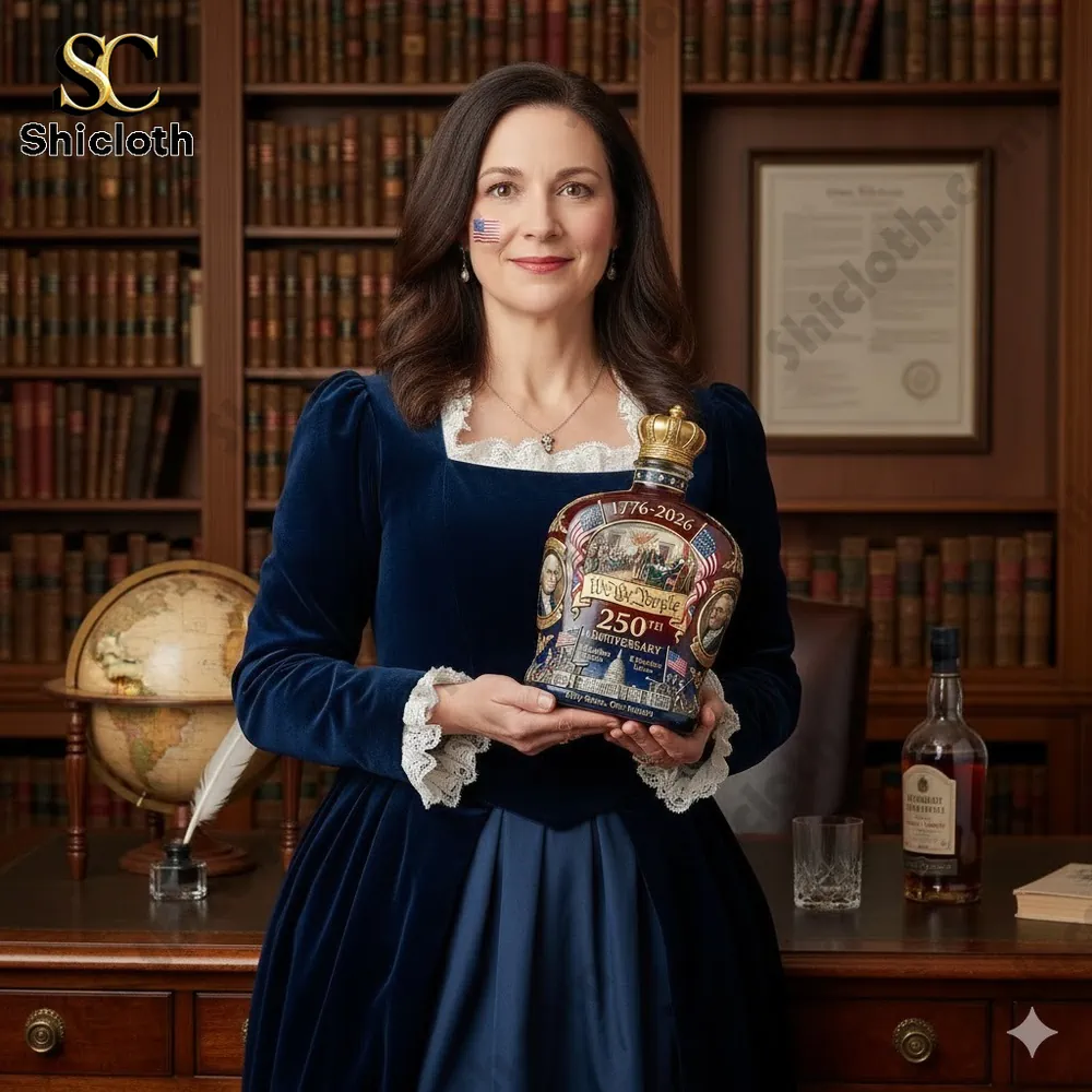 A woman holding a patriotic commemorative bottle in a historic library setting!