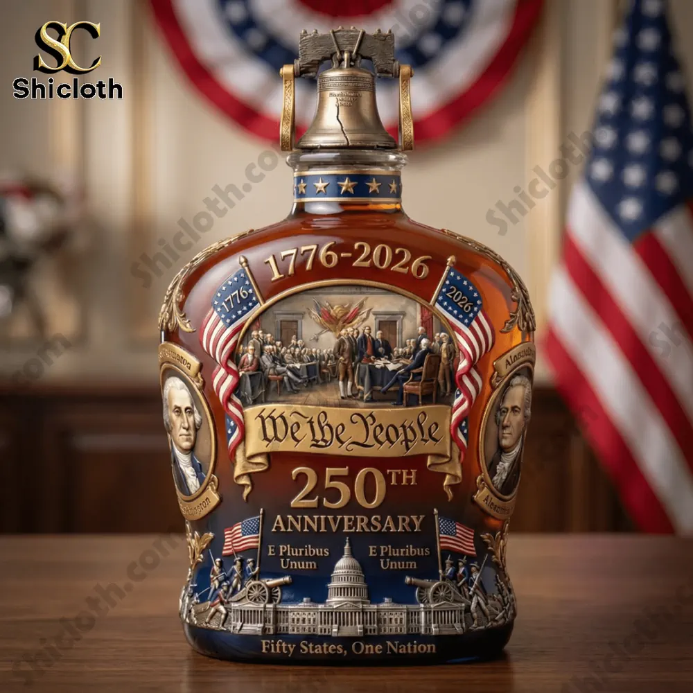 An ornate patriotic commemorative bottle displayed on a wooden table!