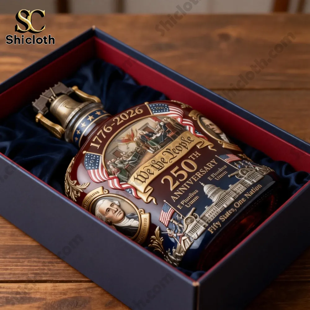 We The People Crown Royal 250th Anniversary 1776-2026 American Flag Whiskey Bottle 3 A commemorative patriotic bottle displayed inside a luxury gift box!