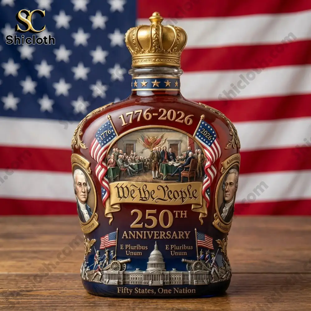 We The People Crown Royal 250th Anniversary 1776-2026 American Flag Whiskey Bottle 4 A patriotic commemorative bottle displayed in front of an American flag!