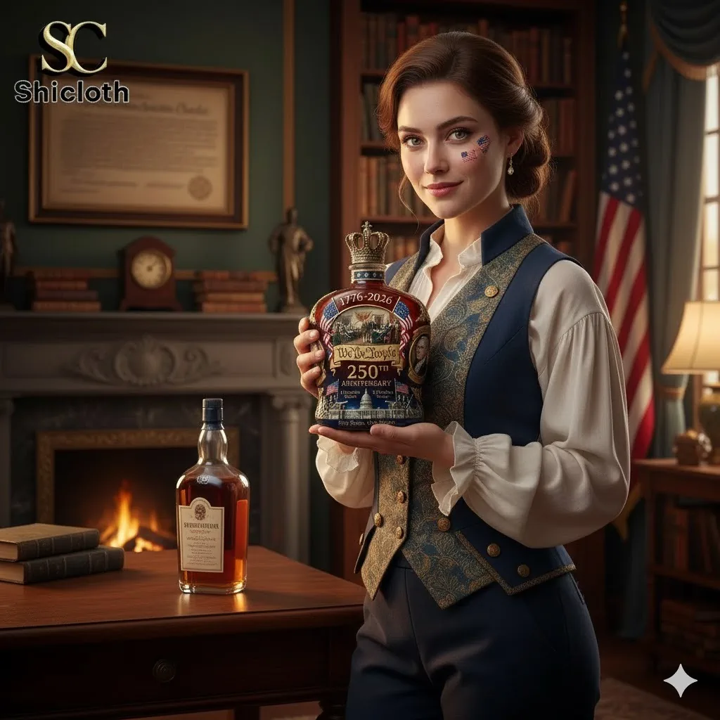 Woman holding Shicloth We the People 250th Anniversary decorative bottle in a classic American study