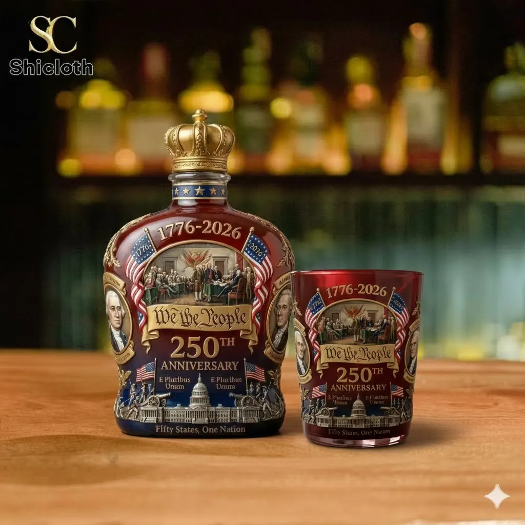 Crown Royal 250th Anniversary Edition We The People Whiskey Glass And Bottle Set 4 Anniversary bottle and glass set on bar counter!