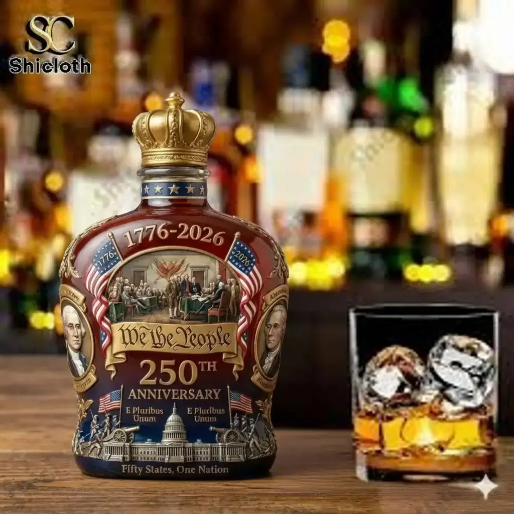 Crown Royal 250th Anniversary Edition We The People Whiskey Glass And Bottle Set 6 Anniversary bottle next to whiskey glass with ice!