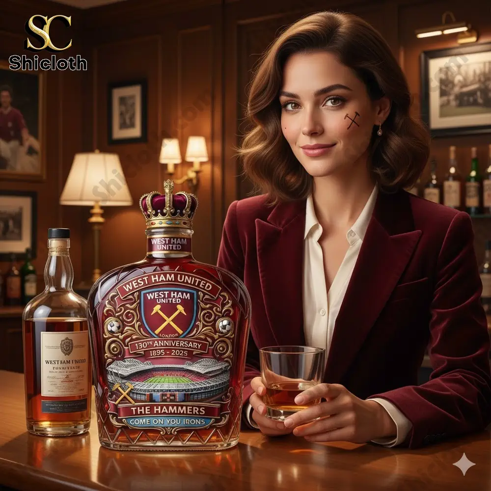 Elegant woman holding a glass beside West Ham United anniversary whiskey bottle in luxury bar!