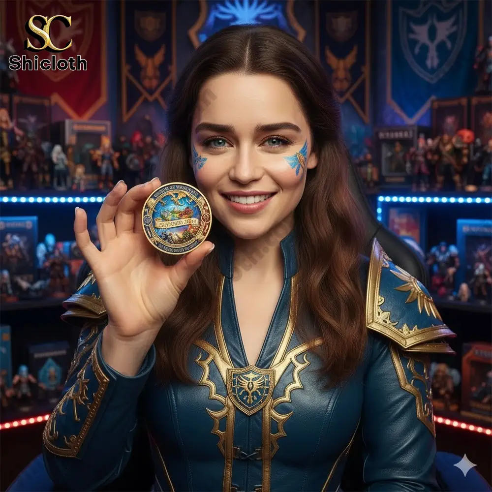 World of Warcraft 2004 Heritage Edition Coin 3 Woman holding World of Warcraft heritage coin in studio setting!