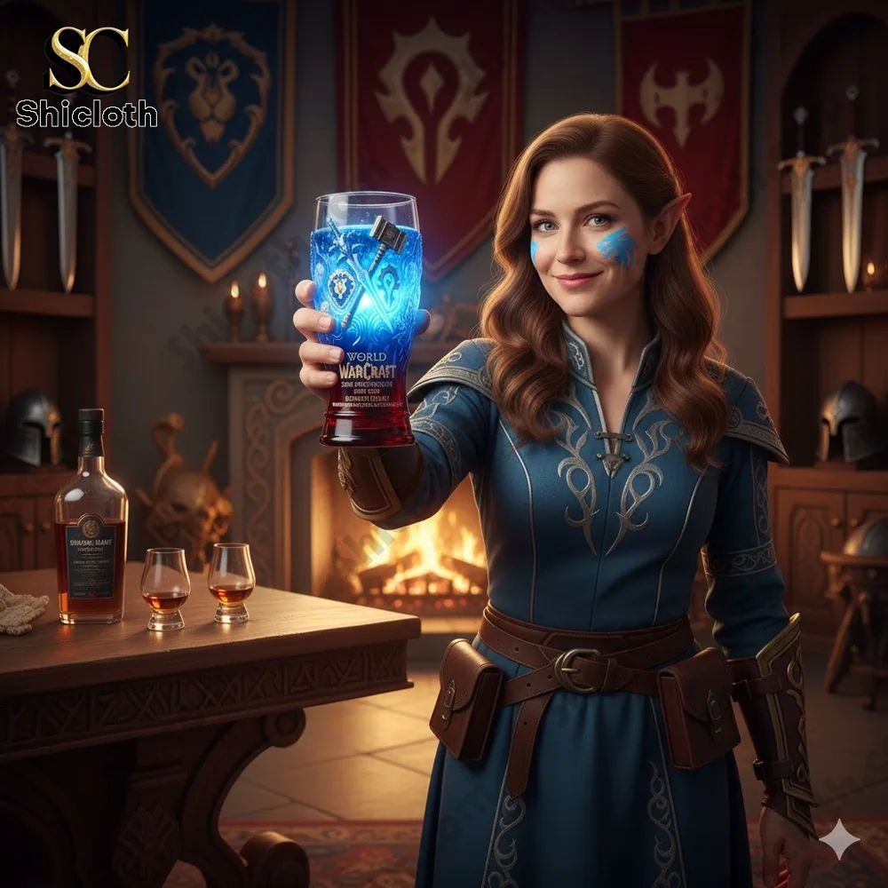 Fantasy elf woman holding glowing World Warcraft commemorative glass indoors!