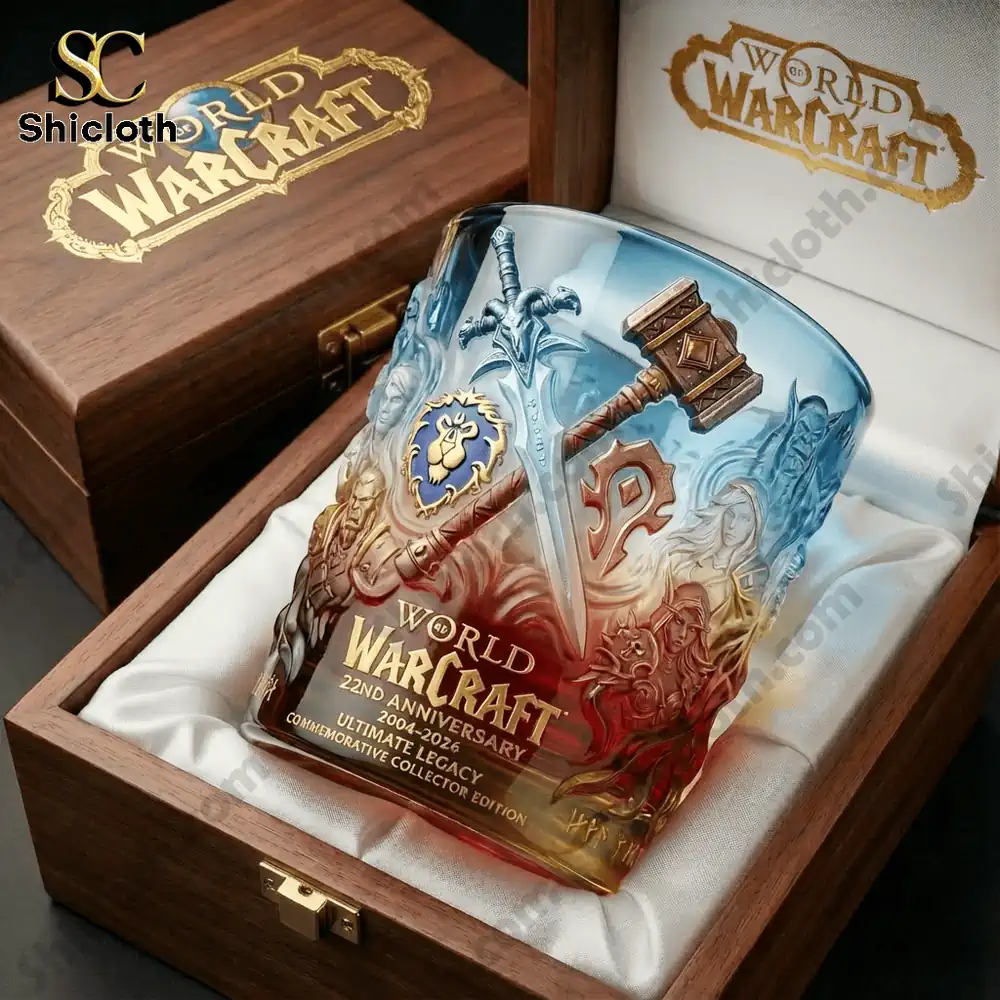 Close up of a World of Warcraft collectible glass in a wooden display box!