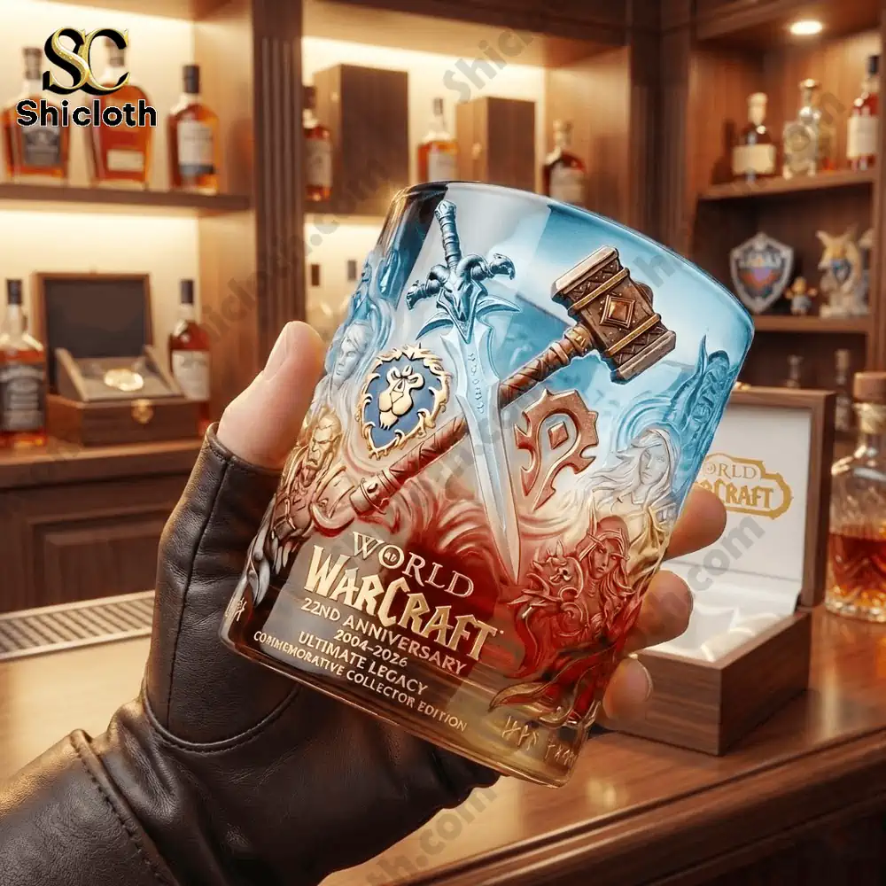 World of Warcraft anniversary whiskey glass held in hand inside luxury bar display!