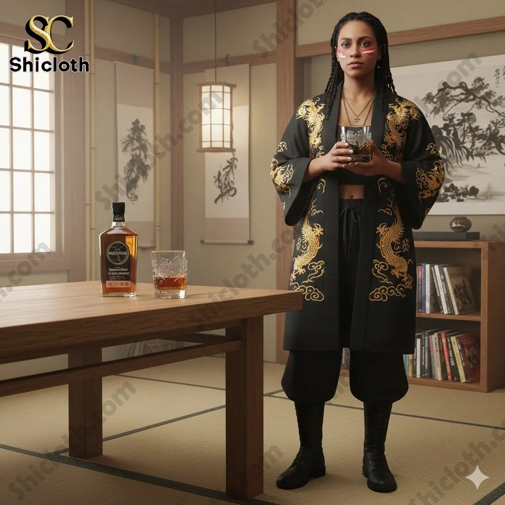 Woman holding Wu Tang anniversary whiskey glass in Japanese style room.