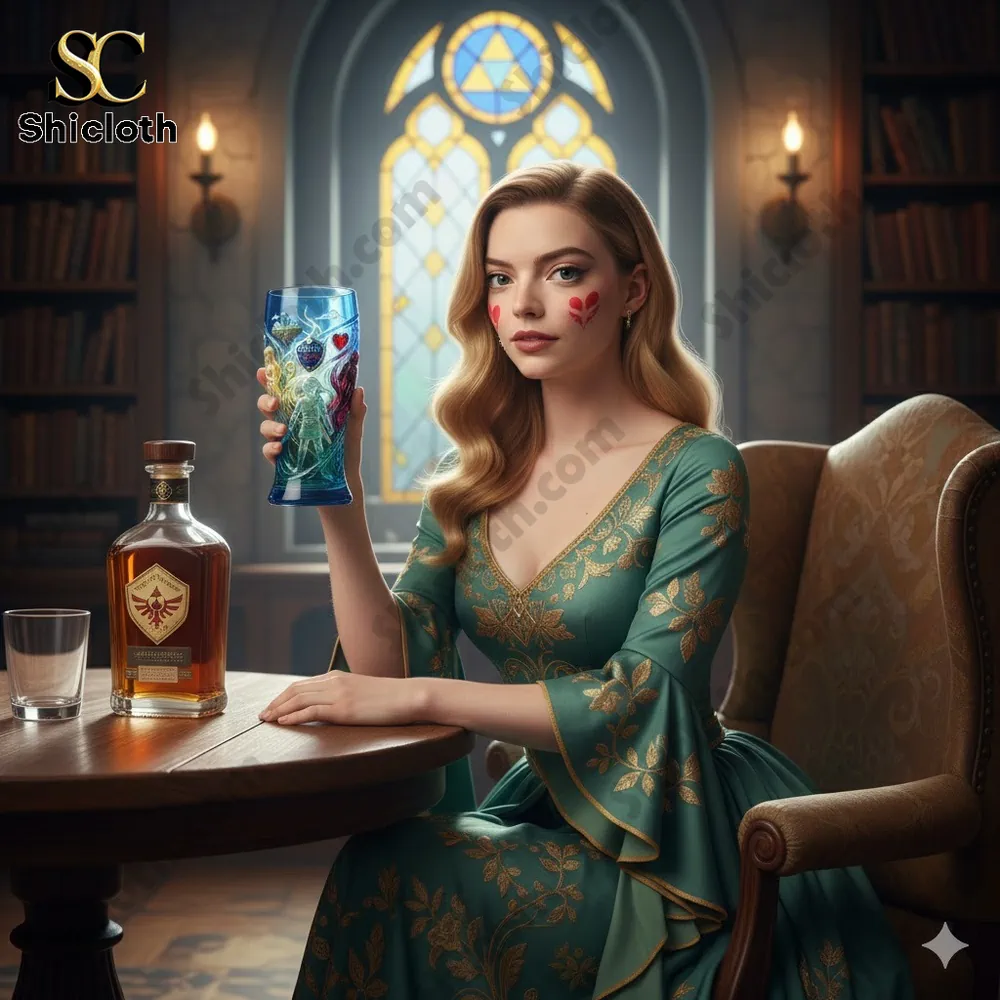 Woman holding a Zelda themed glass and bottle in a classic library setting.