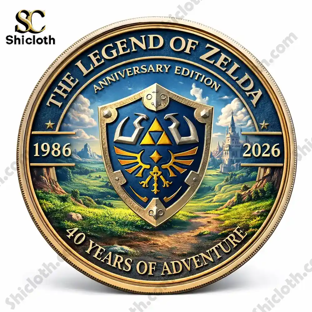 Lord Of The Rings 2001-2026 25th Anniversary Commemorative Coin 28 Zelda anniversary coin front with Hylian shield and Hyrule landscape!