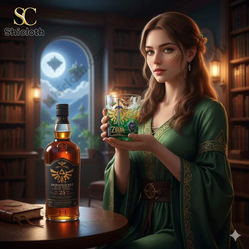 Fantasy woman holding a Zelda themed whisky glass in a cozy library setting!