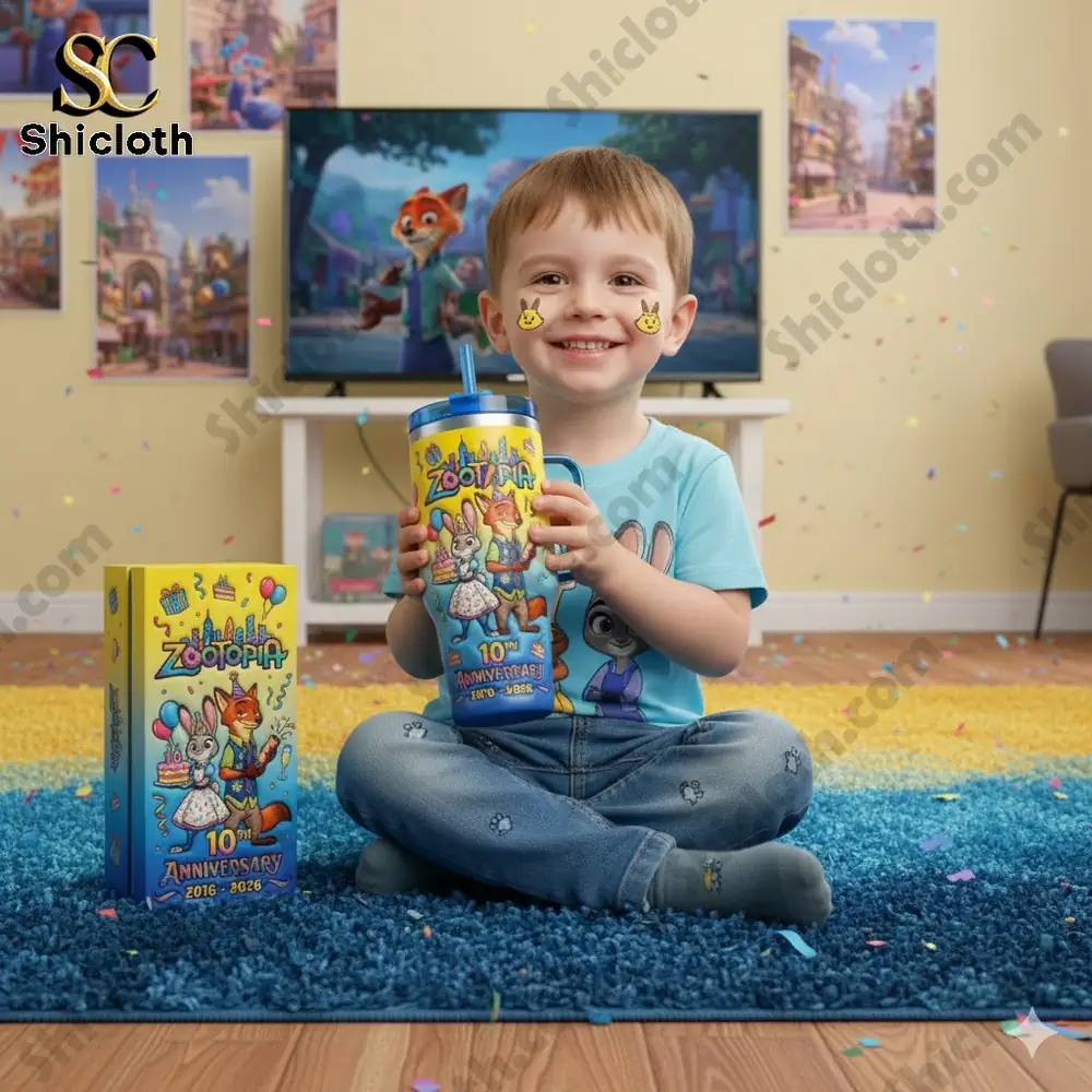 Smiling child holding Zootopia themed tumbler cup indoors!