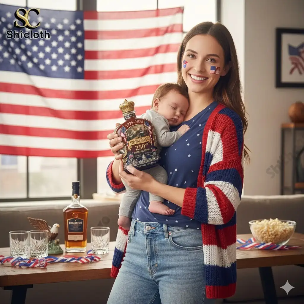 Seattle Seahawks NFL Whisky Bottle And Glass Combo Set 18 Mother holding baby and patriotic anniversary whisky bottle with American flag background.