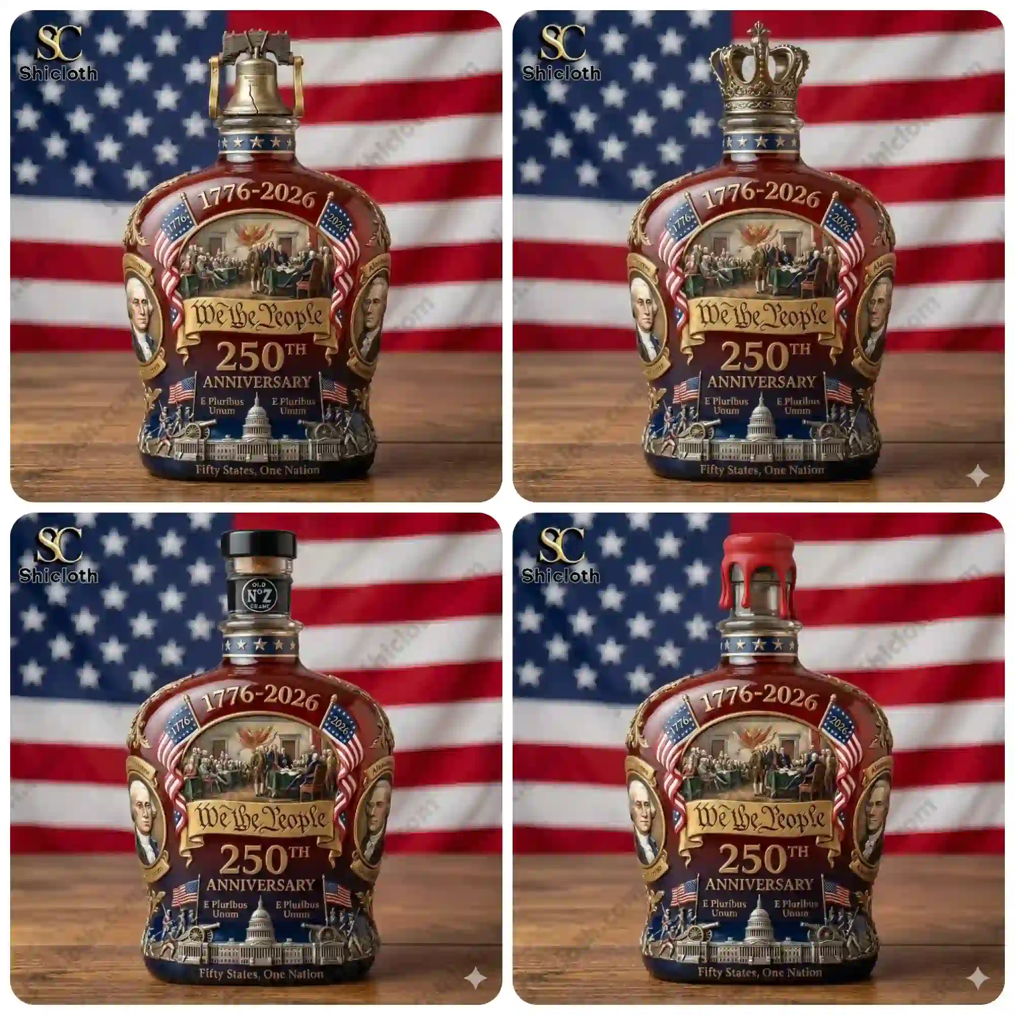 A commemorative whiskey bottle celebrating the 250th anniversary of the United States, designed with historical and patriotic imagery.