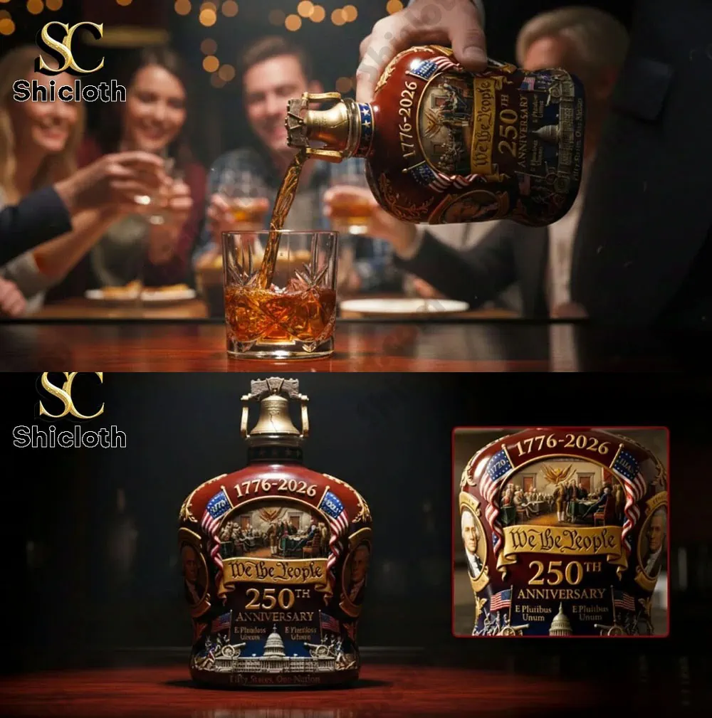 Commemorative whiskey bottle displayed on a table with warm window light