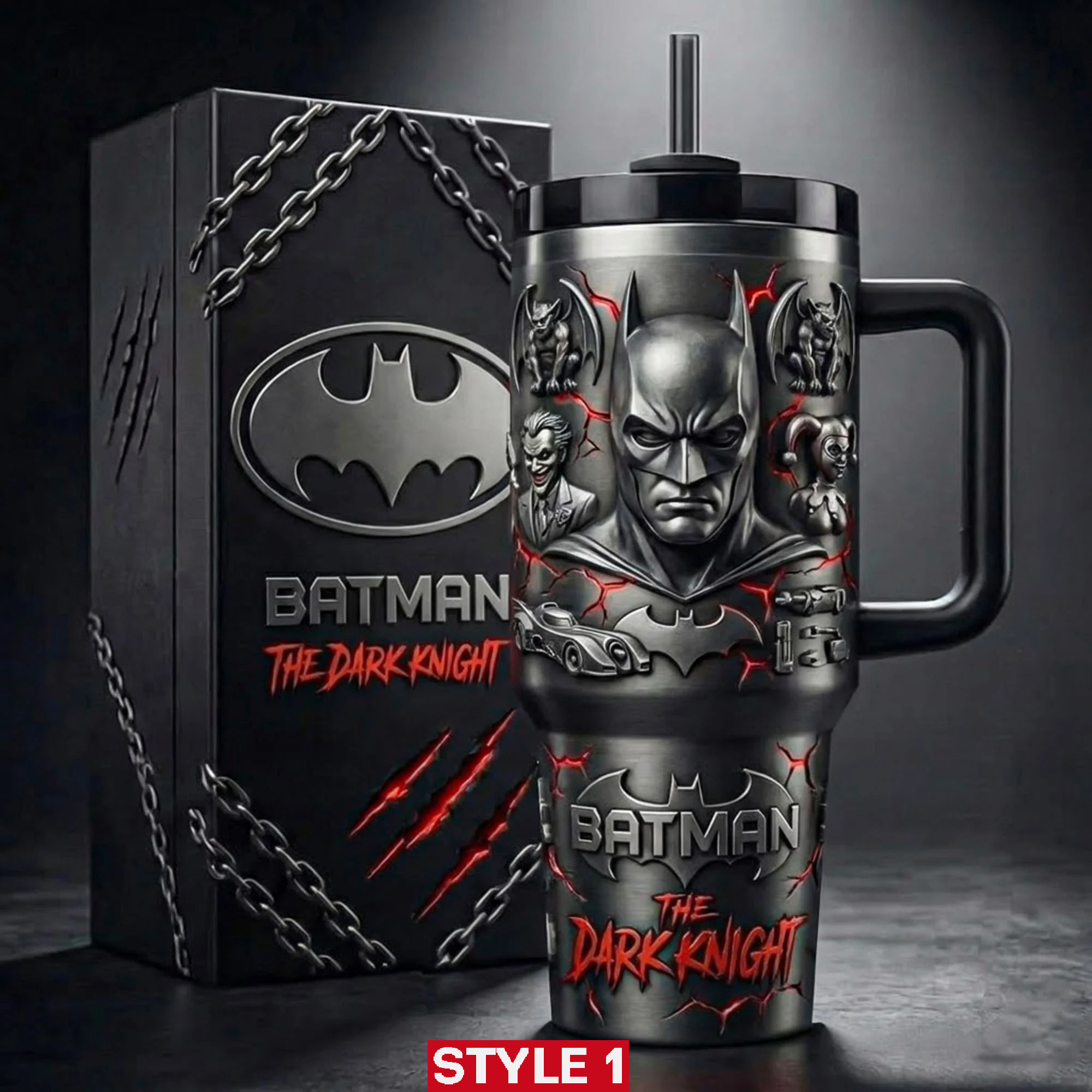 Batman Dark Knight tumbler with detailed character design and product box!