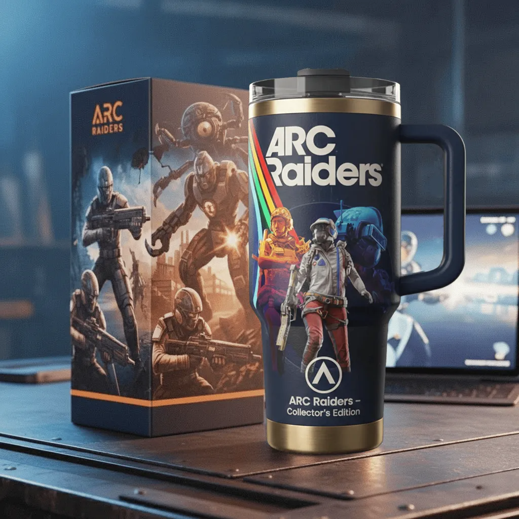 ARC Raiders collector mug displayed next to its product box on a desk!