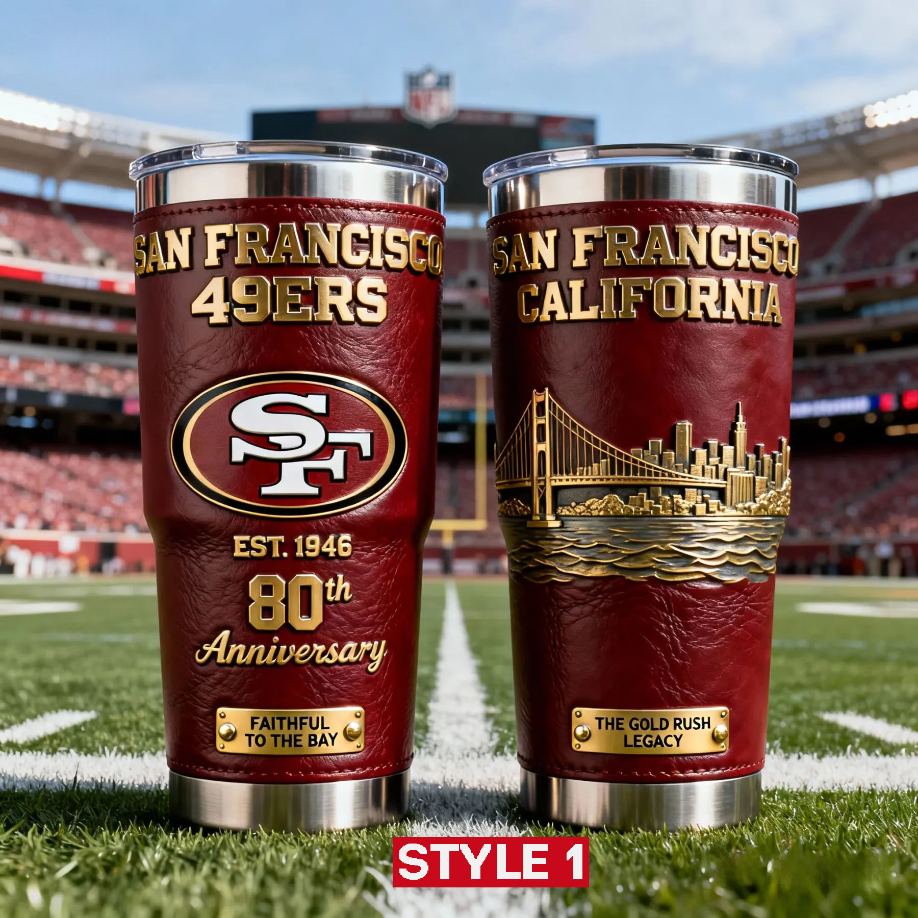 Two San Francisco 49ers anniversary tumblers on football field