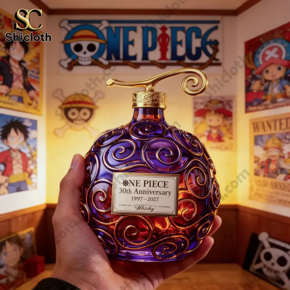 Hand holding Shicloth devil fruit whisky bottle in themed room!