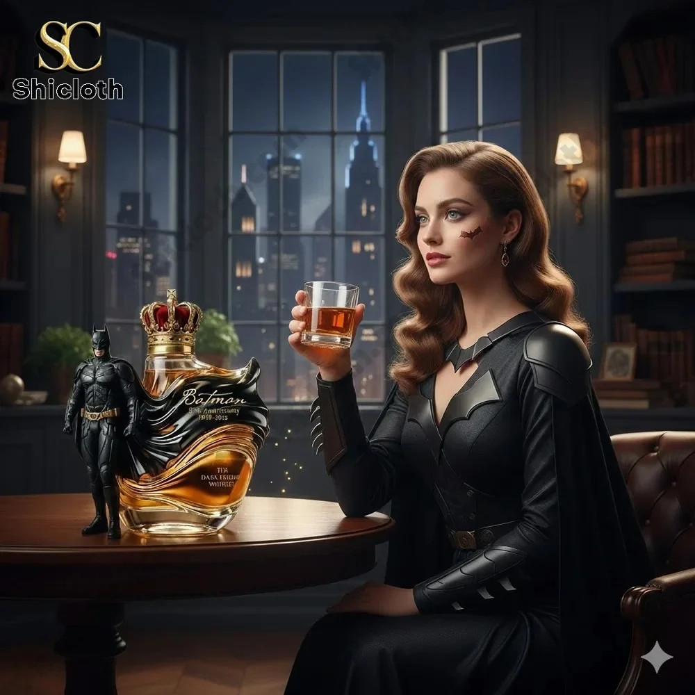 A woman in a Batwoman costume holding a glass of whiskey next to a Batman whiskey bottle with a crown topper.
