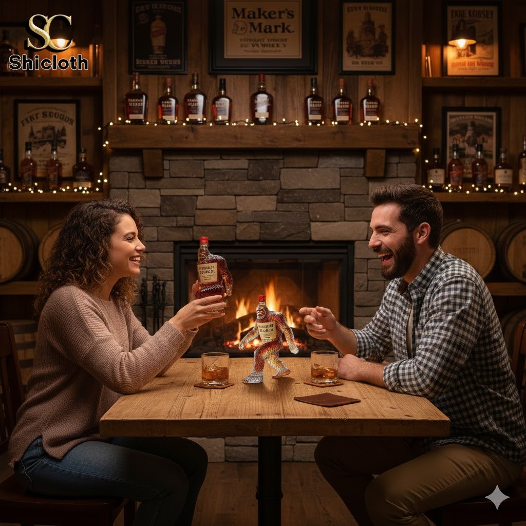 Couple toasting with Bigfoot shaped whiskey bottle in cozy bar setting
