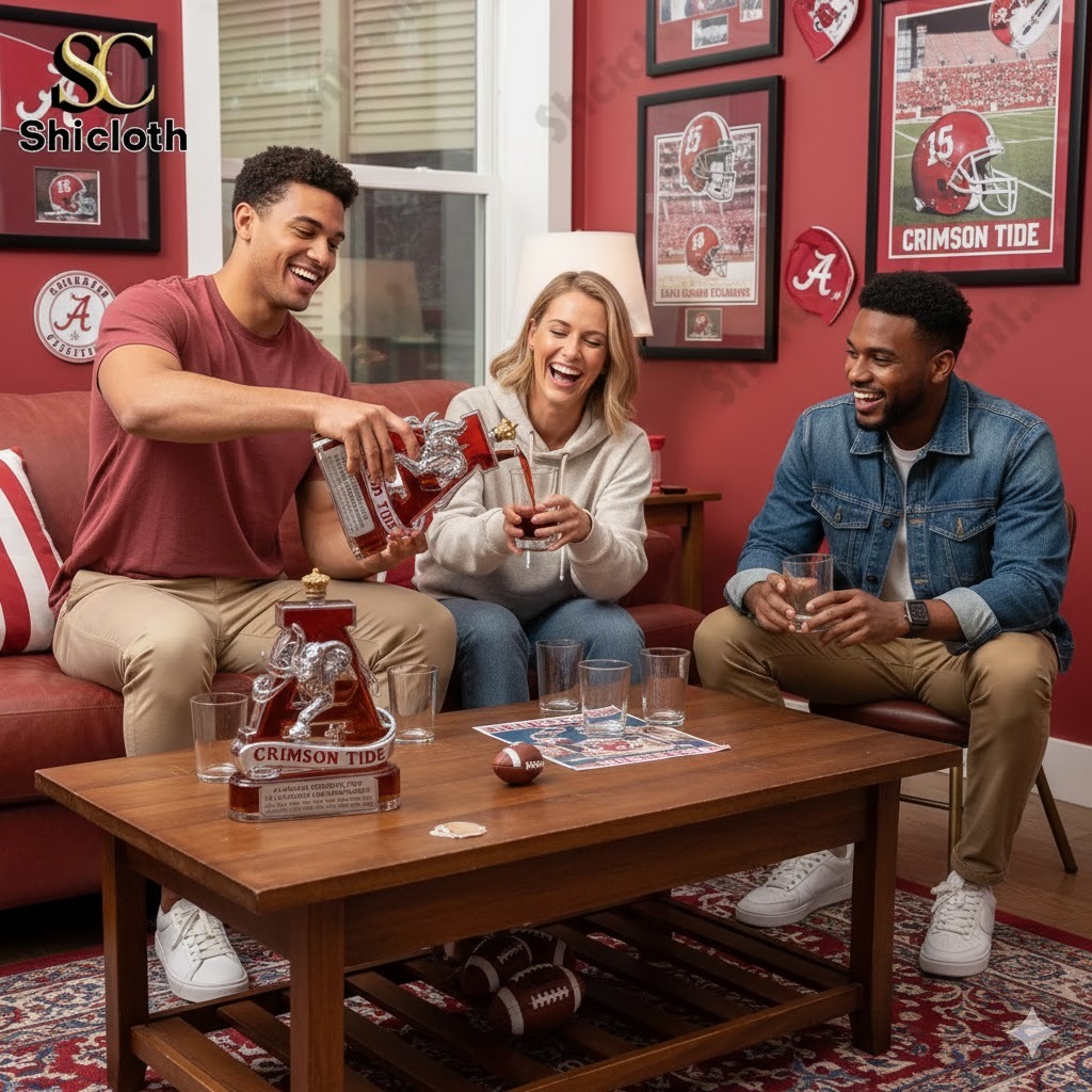 Three friends pouring whiskey from Alabama Crimson Tide letter A elephant decanter in a sports themed living room
