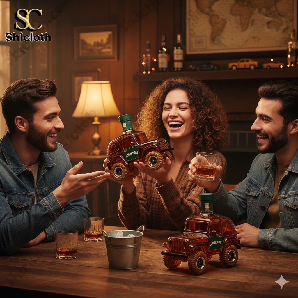 Three friends laughing at a bar holding a whiskey bottle shaped like a jeep.